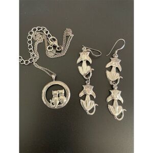 Charming Pre-Owned Silver Cat Pendant Necklace & Earrings